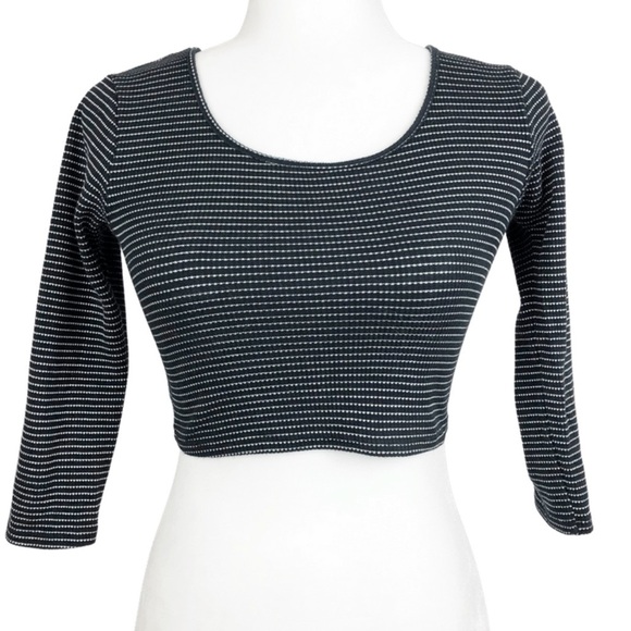 Black White Stripe Cropped Wrap Long Sleeve Womens Cut Out Top - Picture 6 of 16